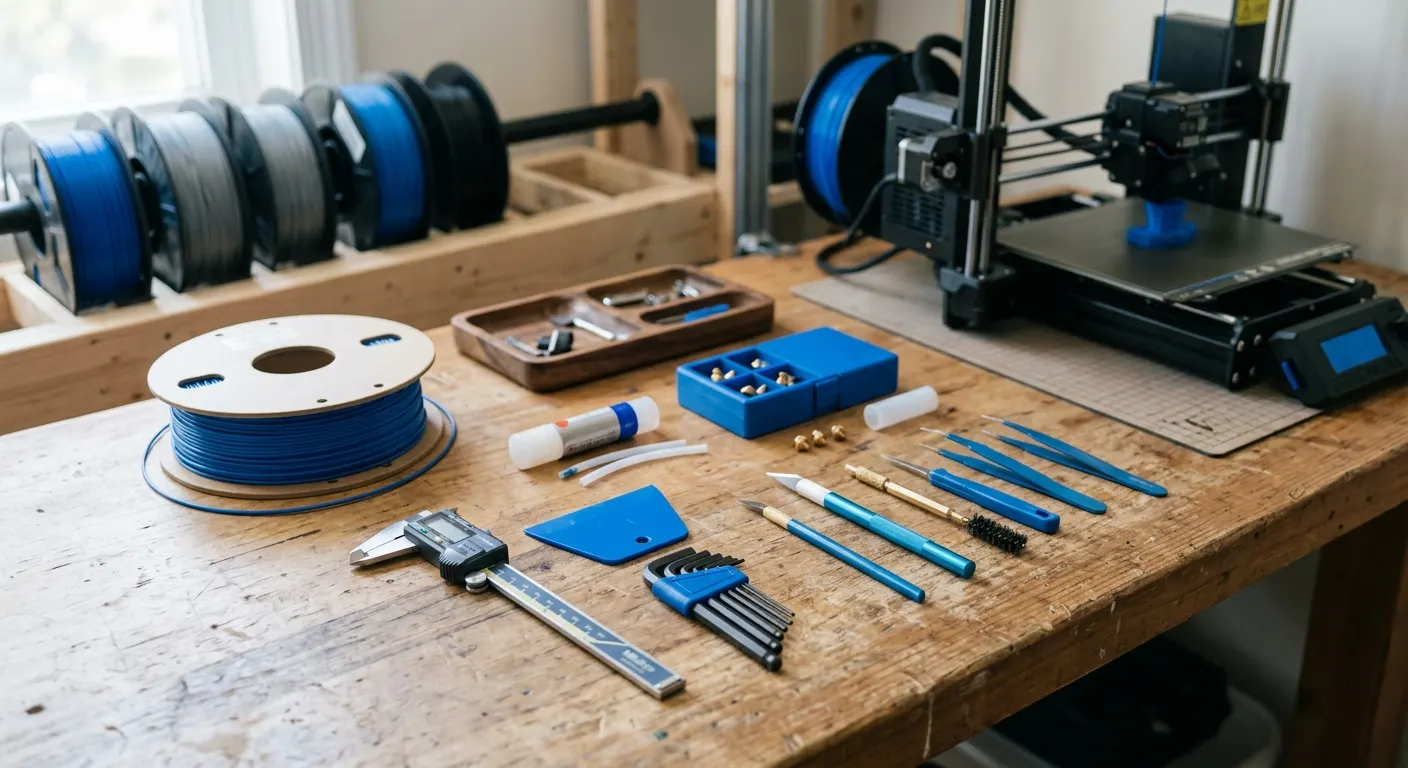 Affordable 3D printing accessories and tools laid out on a workbench